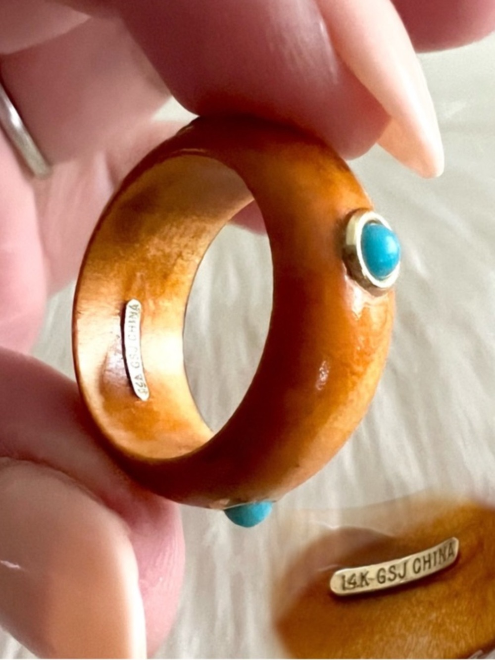 Vintage 14k gold Turquoise and wood ring GSJ